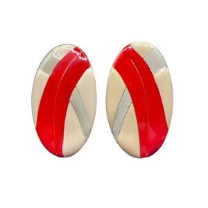 Vintage Gold Tone Red Light Blue Cream Enamel Pierced Earrings Oval Dangle